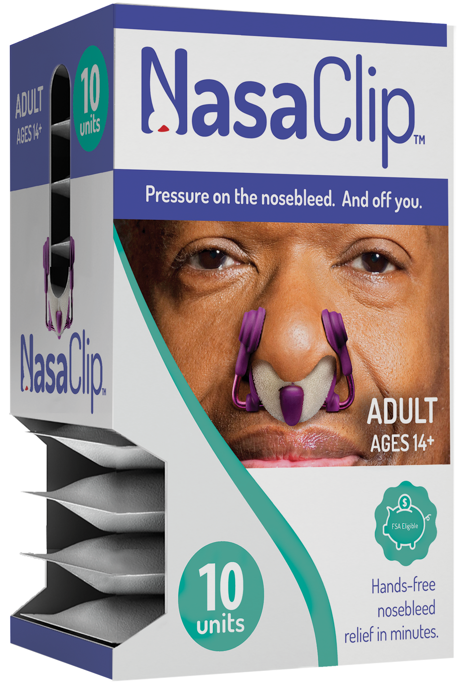 Package of 10 Units of NasaClips. An adult man with brown skin has a NasaClip clipped into his nose. FSA Eligable. NasaClip delivers hands-free nosebleed relief in minutes.