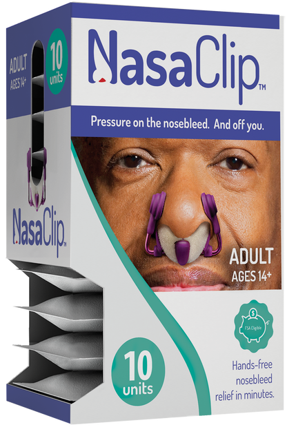 Package of 10 Units of NasaClips. An adult man with brown skin has a NasaClip clipped into his nose. FSA Eligable. NasaClip delivers hands-free nosebleed relief in minutes.