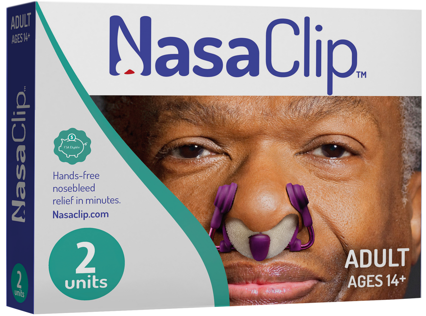 Package of 2 Units of NasaClips. An adult man with brown skin has a NasaClip clipped into his nose. FSA Eligible. NasaClip delivers hands-free nosebleed relief in minutes. 
