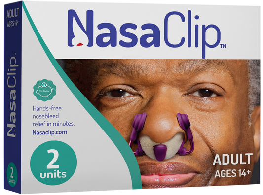 Package of 2 Units of NasaClips. An adult man with brown skin has a NasaClip clipped into his nose. FSA Eligible. NasaClip delivers hands-free nosebleed relief in minutes. 
