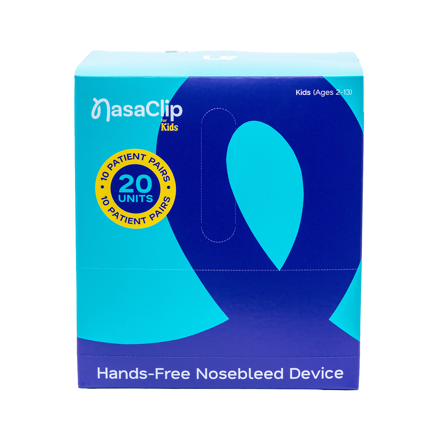 20 pack box of NasaClip Kids Hands-Free Nosebleed Device on a white background