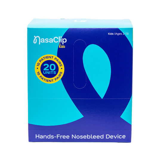 20 pack box of NasaClip Kids Hands-Free Nosebleed Device on a white background