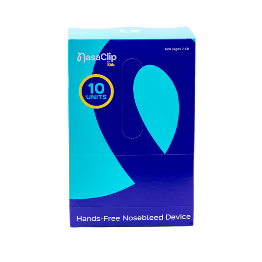 10 pack box of NasaClip hands-free nosebleed device packaging on a white background