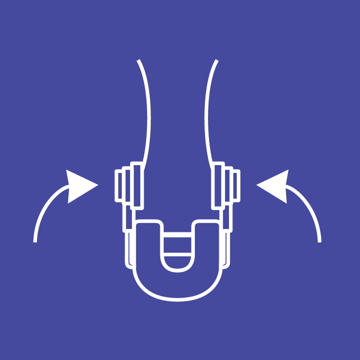 Illustration of the NasaClip clamped onto a nose with the absorption plug inserted into the nostrils. The background is purple, and the drawing is white. 